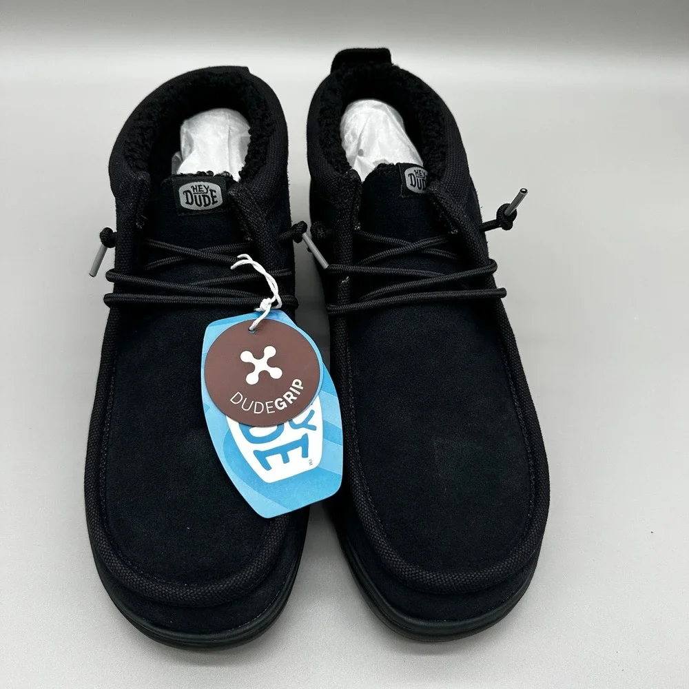 Hey Dude Wally Mid Gripr Warmth Shoes Mens 11 Black Suede Faux Fur Lined NEW